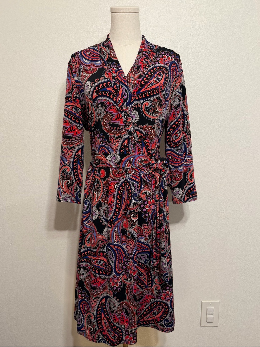Liz Claiborne Black Paisley Wrap Dress with Red & Purple Accents